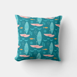 Mid Century Pink Catamaran - Blue Background Cushion