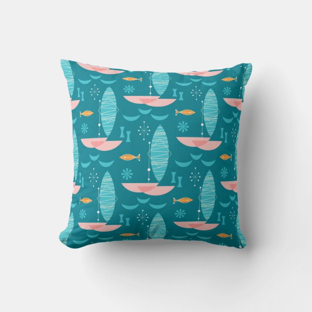 Mid Century Pink Catamaran - Blue Background Cushion (Front)