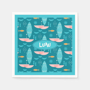 Mid Century Pink Catamaran - Blue Background Napkin