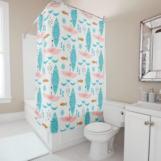 Mid Century Pink Catamaran Shower Curtain (In Situ)