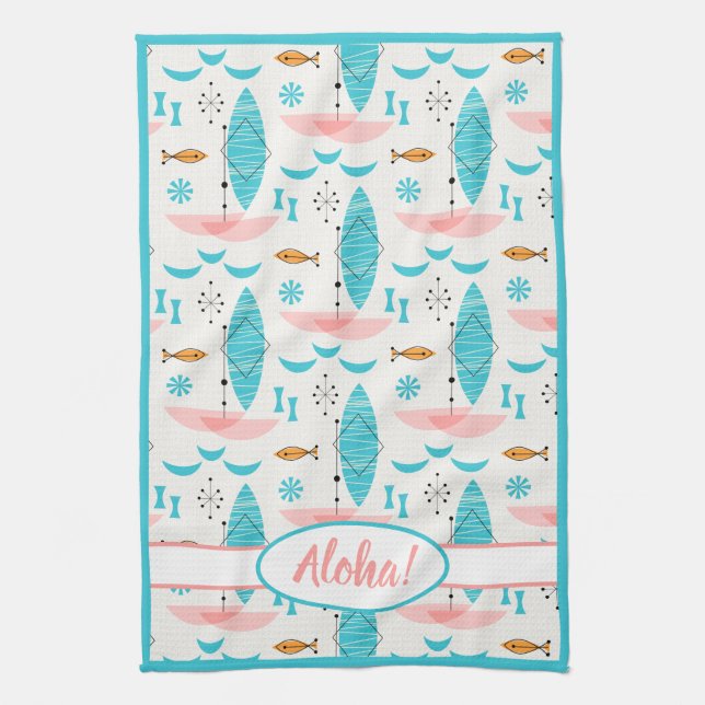 Mid Century Pink Catamaran Tea Towel (Vertical)