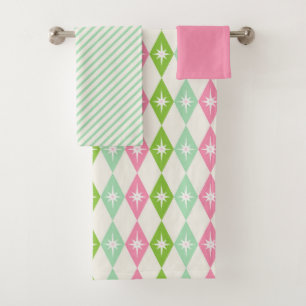 Mid Century Pink & Green Geometric Christmas Bath Towel Set