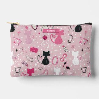 Mid Century Pink Heart Cats Accessory Pouch