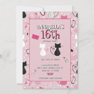 Mid Century Pink Heart Cats Birthday Invitation