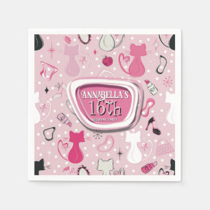 Mid Century Pink Heart Cats Birthday Napkin