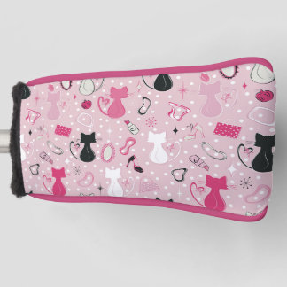 Mid Century Pink Heart Cats Golf Head Cover
