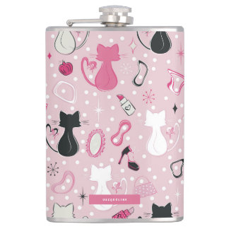 Mid Century Pink Heart Cats Hip Flask