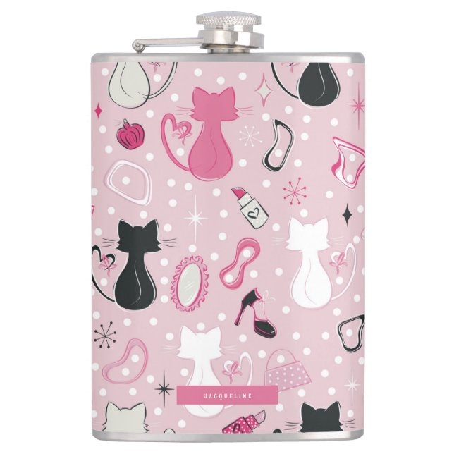 Mid Century Pink Heart Cats Hip Flask (Front)