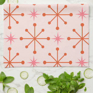 Mid Century Pink Orange Atomic Starbursts Pattern Tea Towel