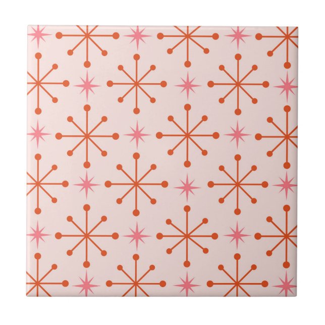 Mid Century Pink Orange Atomic Starbursts Pattern  Tile (Front)