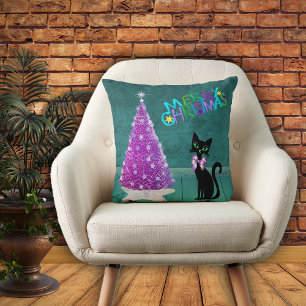 Mid Century Pink Tree Black Cat Teal Room Holiday Cushion