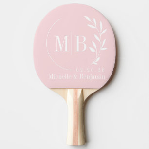 Mid-Century Pink Whisper Leaf Wedding Monogram Ping Pong Paddle