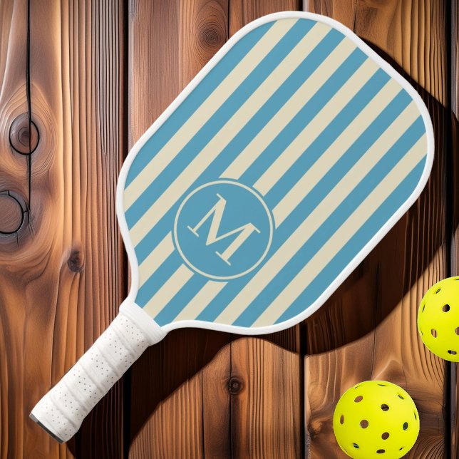 Mid-Century Polo Striping Aqua Sky Monogram Pickleball Paddle (Creator Uploaded)