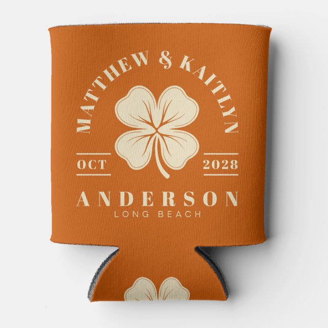Mid-Century Pumpkin Irish Clover Wedding Crest Can Cooler (Front)
