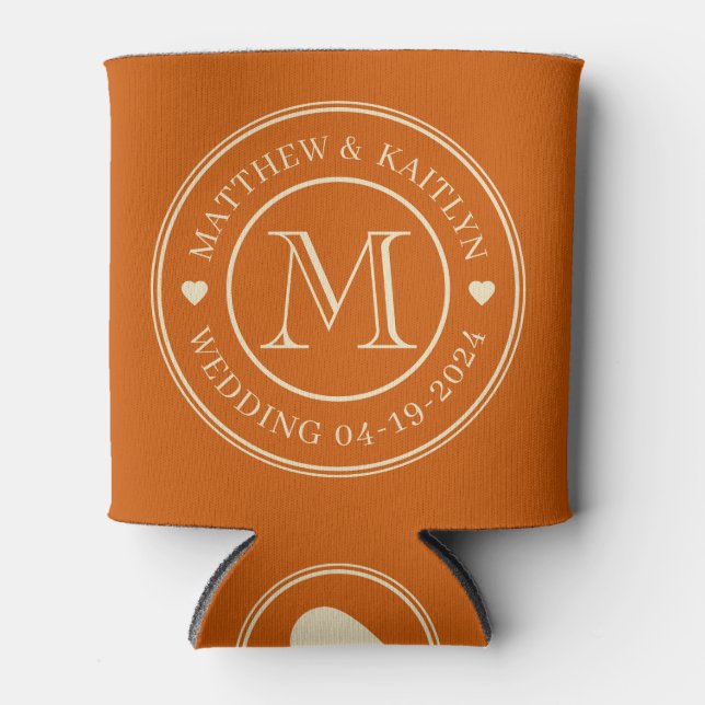 Mid-Century Pumpkin Wedding Monogram Heart Can Cooler (Front)