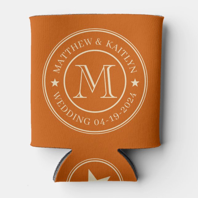 Mid-Century Pumpkin Wedding Monogram Star Can Cooler (Front)