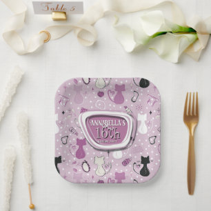 Mid Century Purple Heart Cats Birthday Paper Plate