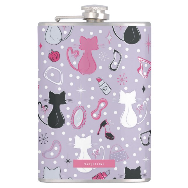 Mid Century Purple Heart Cats Flask (Front)