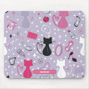 Mid Century Purple Heart Cats Mouse Pad