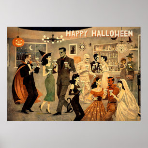 Mid Century Retro 40s Halloween Martini Party Poster