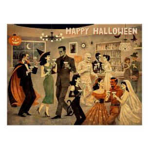 Mid Century Retro 40s Halloween Martini Party Poster