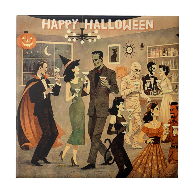 Mid Century Retro 40s Halloween Martini Party Tile (Front)