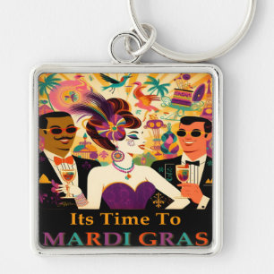Mid Century Retro 60s Mardi Gras Cocktail Party Key Ring