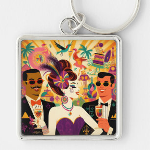 Mid Century Retro 60s Mardi Gras Cocktail Party Key Ring