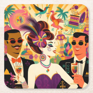 Mid Century Retro 60s Mardi Gras Cocktail Party Square Paper Coaster