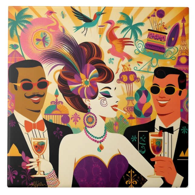 Mid Century Retro 60s Mardi Gras Cocktail Party Tile (Front)