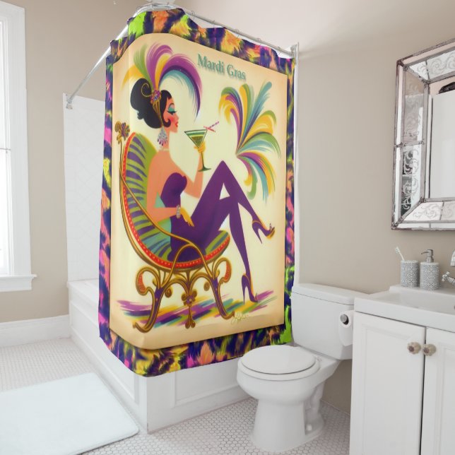 Mid Century Retro 60s Mardi Gras Martini Woman Shower Curtain (In Situ)