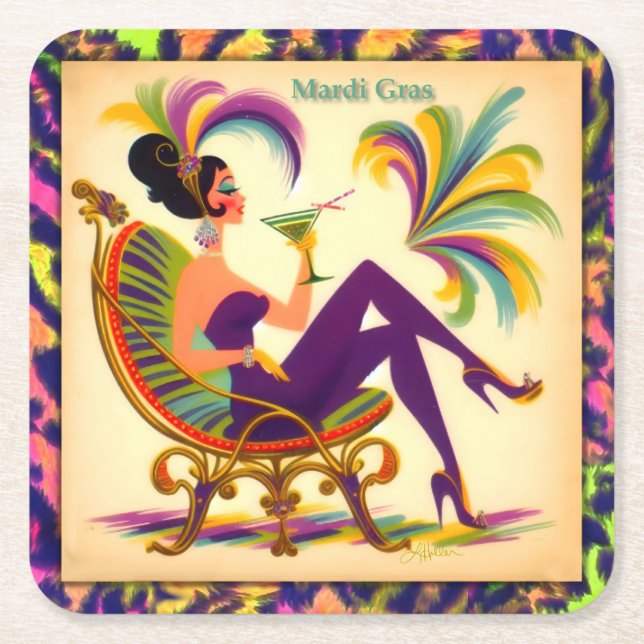 Mid Century Retro 60s Mardi Gras Martini Woman Square Paper Coaster (Front)