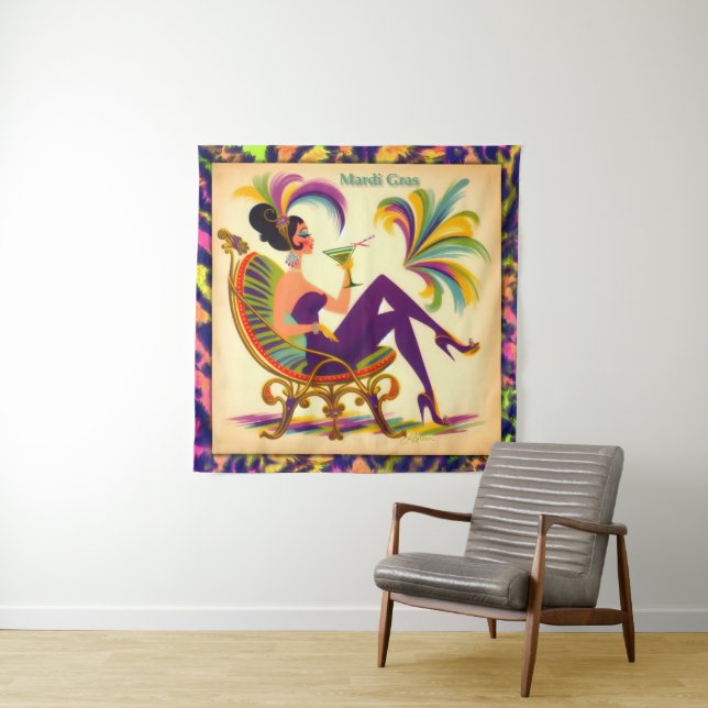 Mid Century Retro 60s Mardi Gras Martini Woman Tapestry (In Situ)