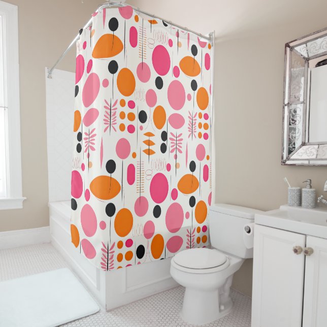 Mid Century Retro Abstract Pattern Pink & Orange Shower Curtain (In Situ)