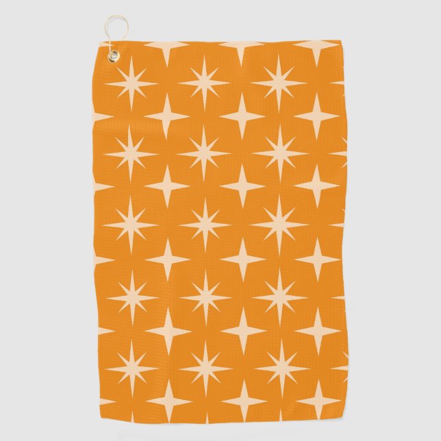 Mid Century Retro Atomic Stars Pattern on Orange   Golf Towel (Front)