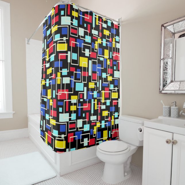 Mid Century Retro Black Turquoise Yellow Red Bold Shower Curtain (In Situ)