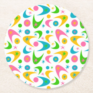 Mid Century Retro Boomerangs Round Paper Coaster