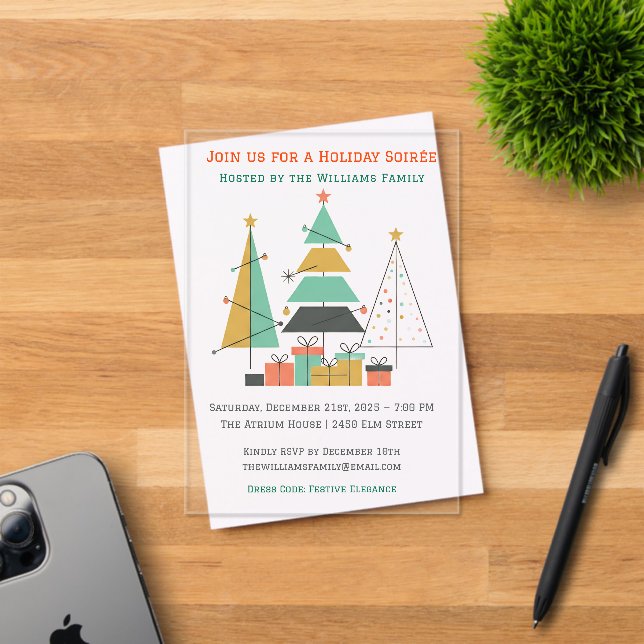 Mid-Century Retro Christmas Trees Acrylic Invitations (Insitu (Invitation Card))