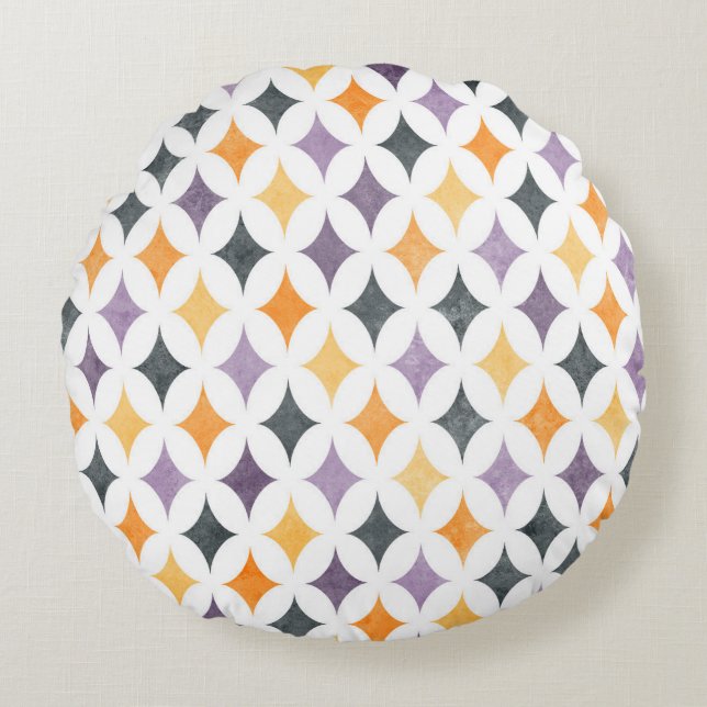 Mid-Century Retro Diamond Lattice Pattern Round Cushion (Front)