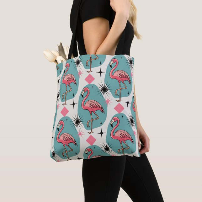 Mid Century Retro Flamingo Pattern Tote Bag (Close Up)