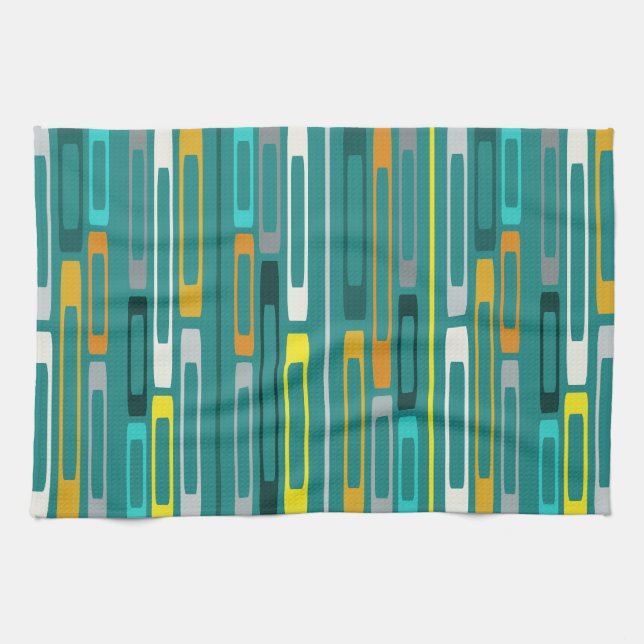 Mid Century Retro Flat Rocks Turquoise Tea Towel (Horizontal)