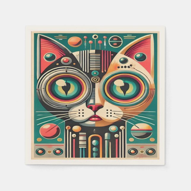 Mid Century Retro Futuristic Circuit Cat Napkin (Front)