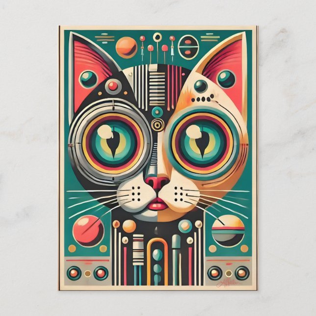 Mid Century Retro Futuristic Circuit Cat Postcard (Front)