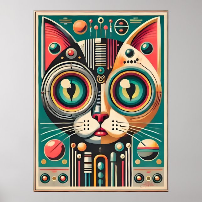 Mid Century Retro Futuristic Circuit Cat Poster (Front)