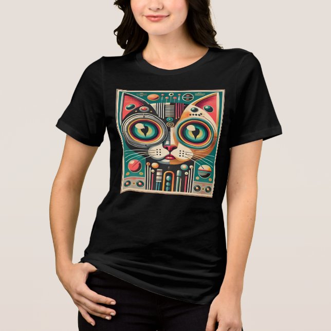 Mid Century Retro Futuristic Circuit Cat Tri-Blend Shirt (Front)