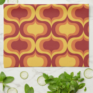 Mid Century Retro Orange Yellow Red Ogee Pattern Tea Towel