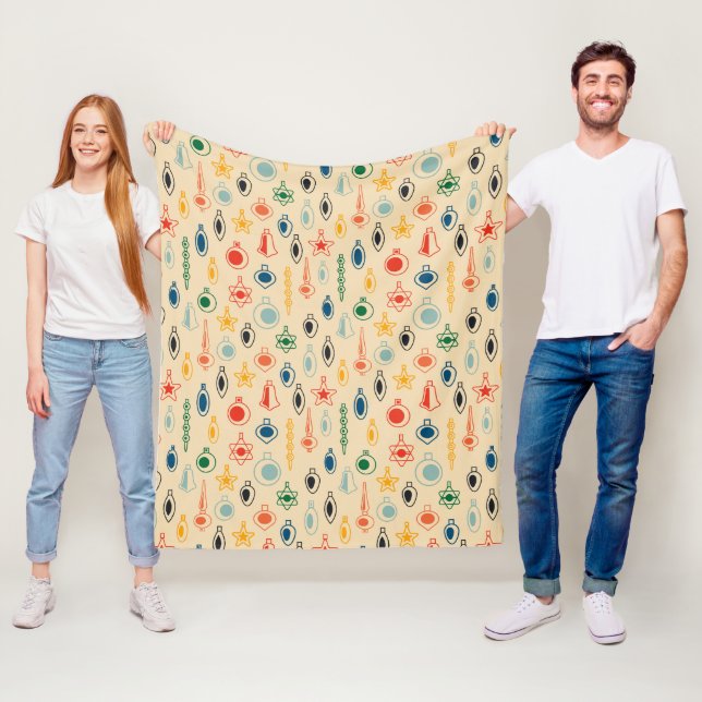Mid Century Retro Pattern with Christmas Tree Toys Fleece Blanket (In Situ)