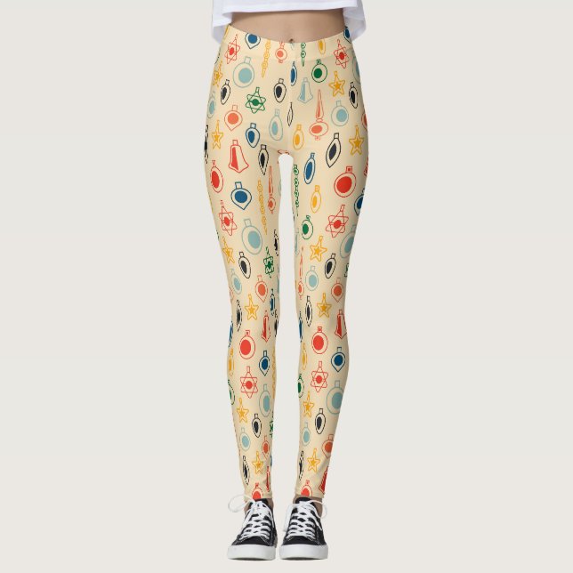 Mid Century Retro Pattern with Christmas Tree Toys Leggings (Front)