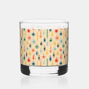 Mid Century Retro Pattern with Christmas Tree Toys Whiskey Glass