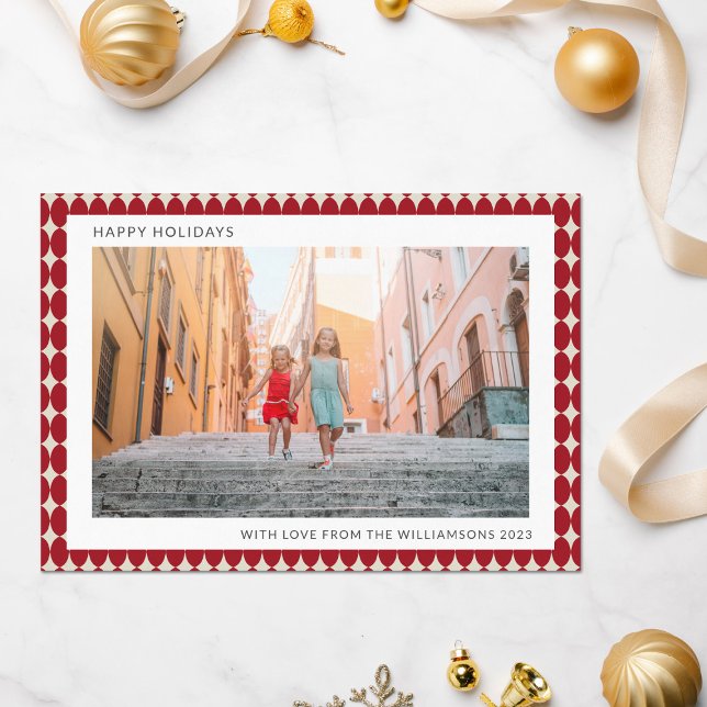 Mid Century Retro Red Baubles Two Photo Christmas Holiday Card (Creator Uploaded)